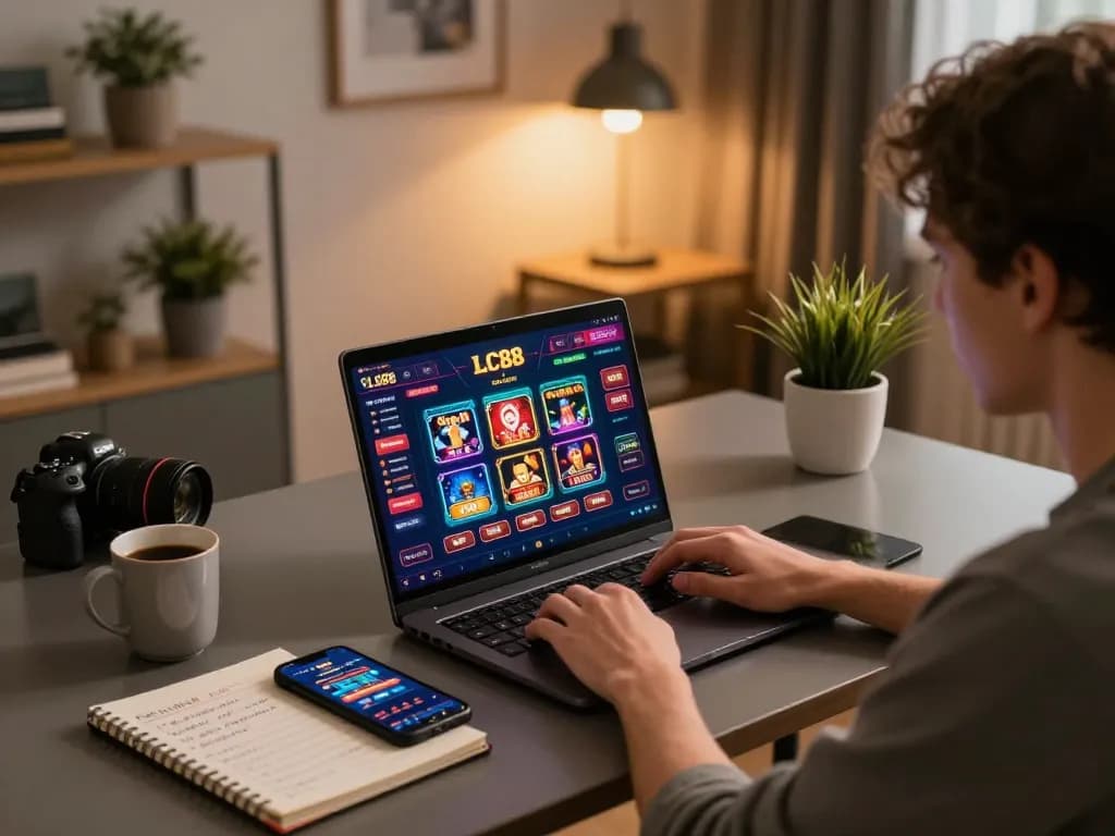 Engaging with LC88 online casino gaming setup at home, highlighting strategic gameplay actions and cozy atmosphere