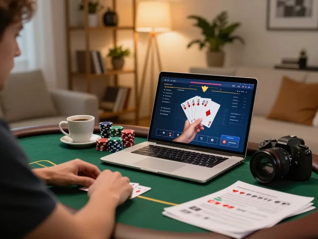 Engaging online poker gameplay at home showing a user on https://go8.agency/ with colorful chips and strategy notes.