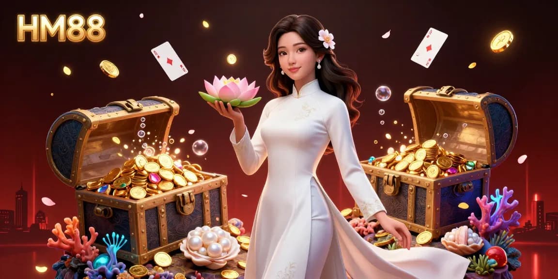 Experience the excitement of HM88 with vibrant illustrations depicting online gaming, enchanting visuals of coins, cards, and the essence of fun.