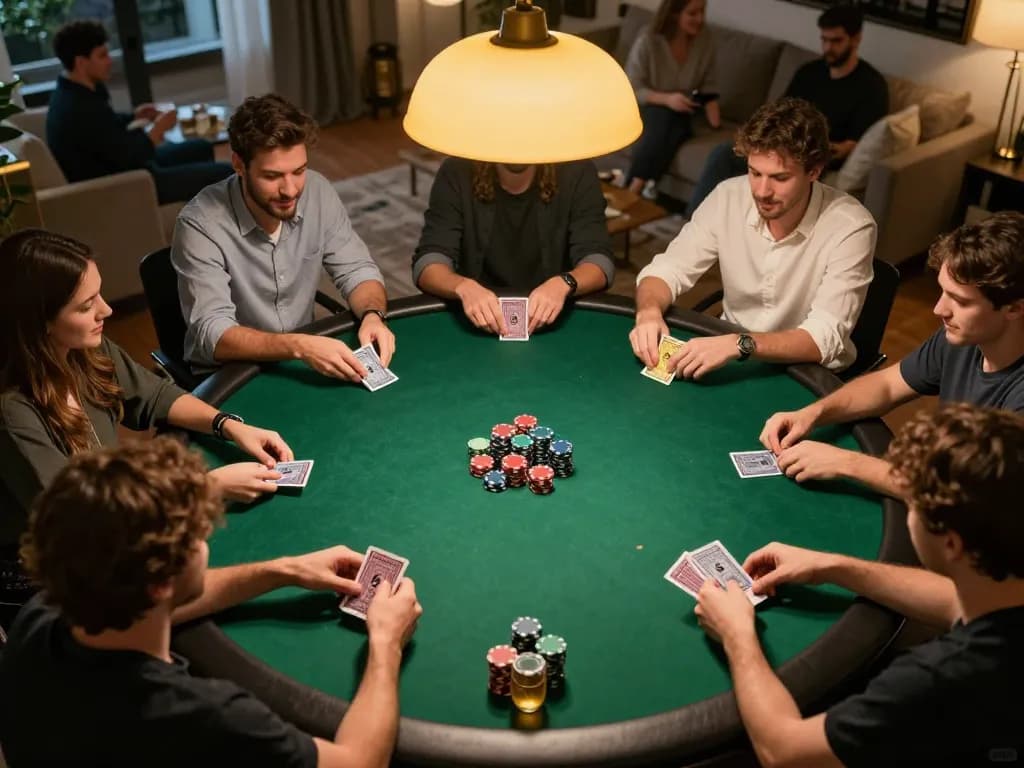 Engaging poker game at home showcasing players competing, highlighting alc88 gaming strategies.