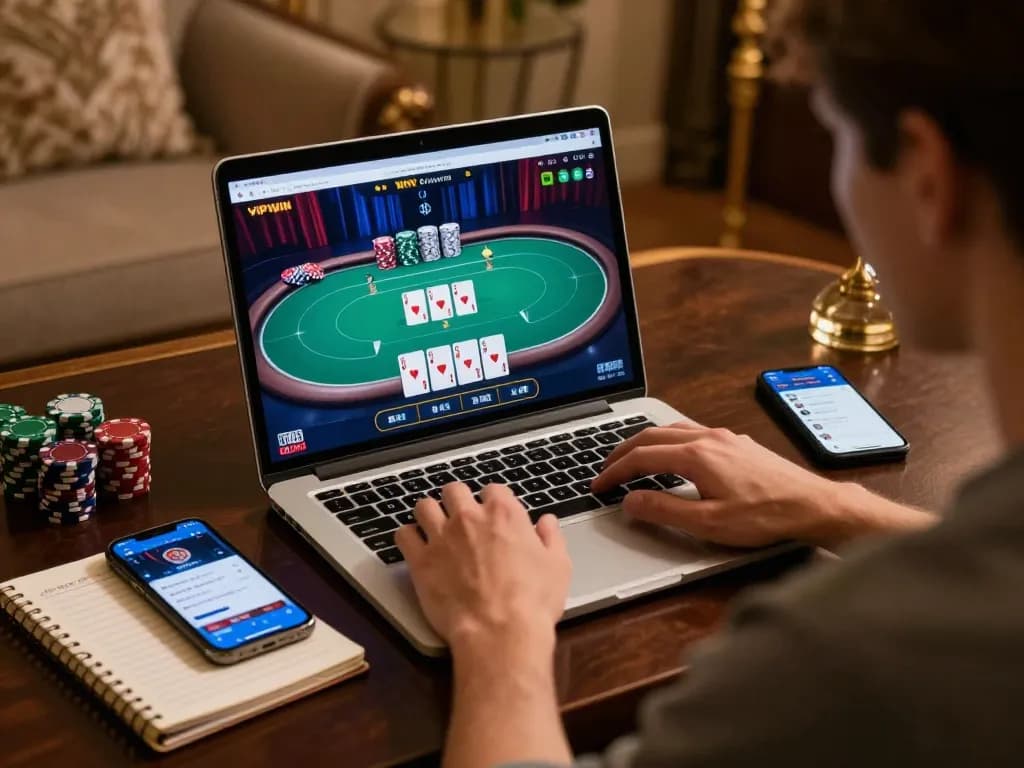 Engaging scene of online gameplay on vipwin777 with poker chips and strategy notes visible.