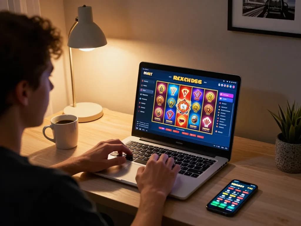 Engaged player enjoying 8kbet online casino games on laptop at home, showcasing strategic gameplay.