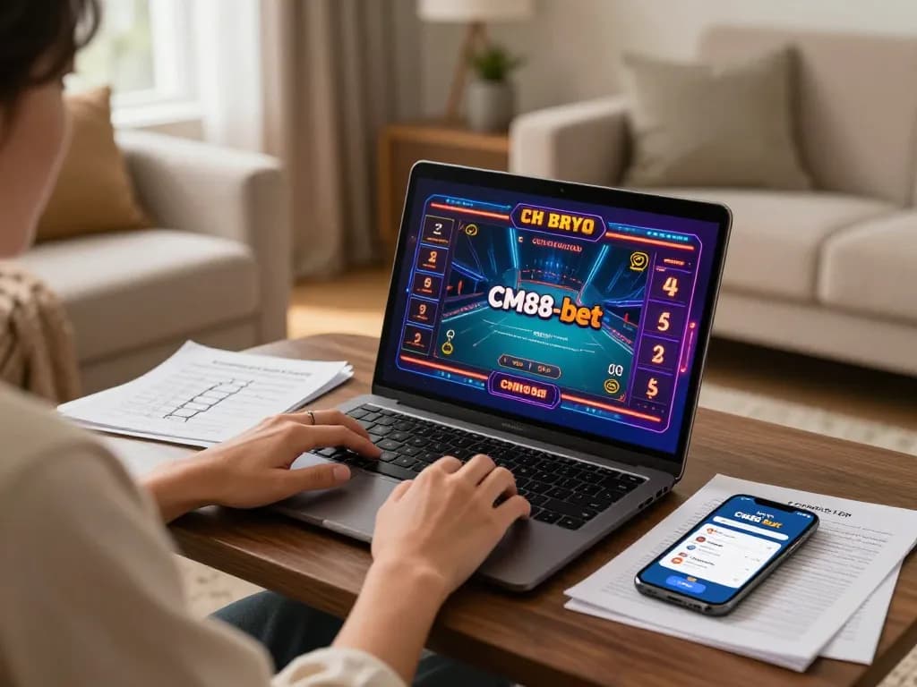 Player engaging with cm88-bet casino app on laptop surrounded by strategy notes and cozy ambiance.