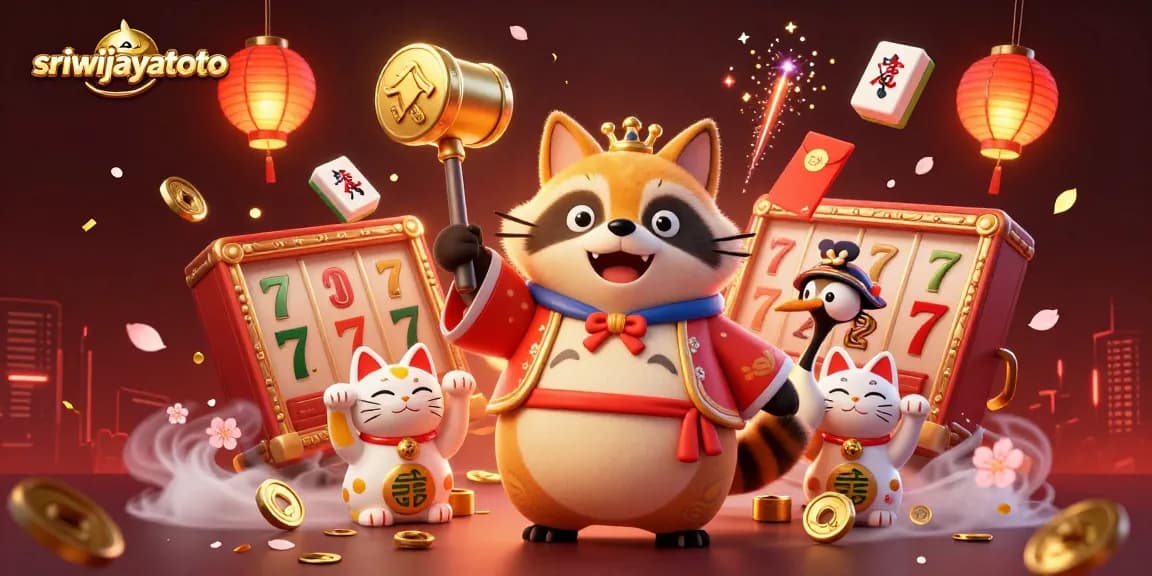 Sriwijayatoto promotes exciting gaming with cheerful characters, slot reels, and festive elements.