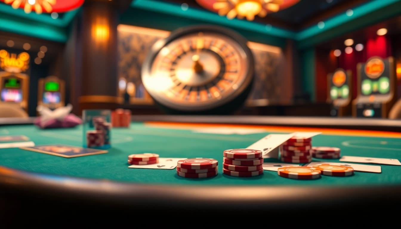 Engaging poker scene showcasing nhà cái fly88 with vibrant chips and cards on a luxurious table.