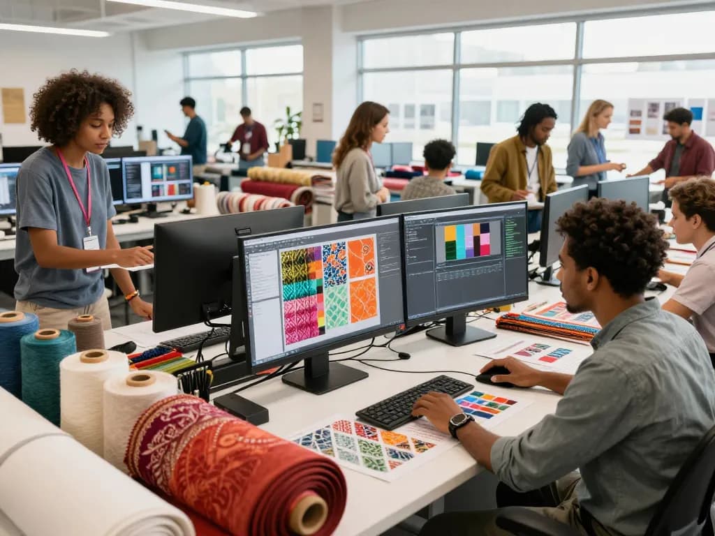 Sunwin team collaborating on innovative textile designs in a modern manufacturing facility.