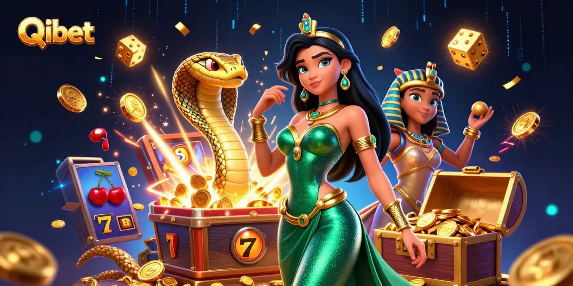 Experience thrilling winnings with Qibet's vibrant casino scene featuring a captivating woman and animated gaming elements.
