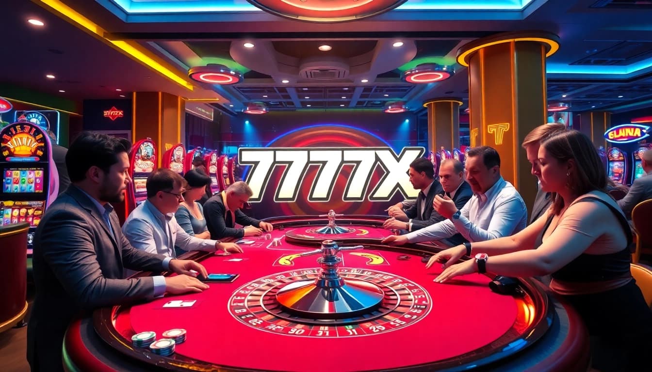 Engaging players at 777X game casino, showcasing excitement at gaming tables with vibrant atmosphere.