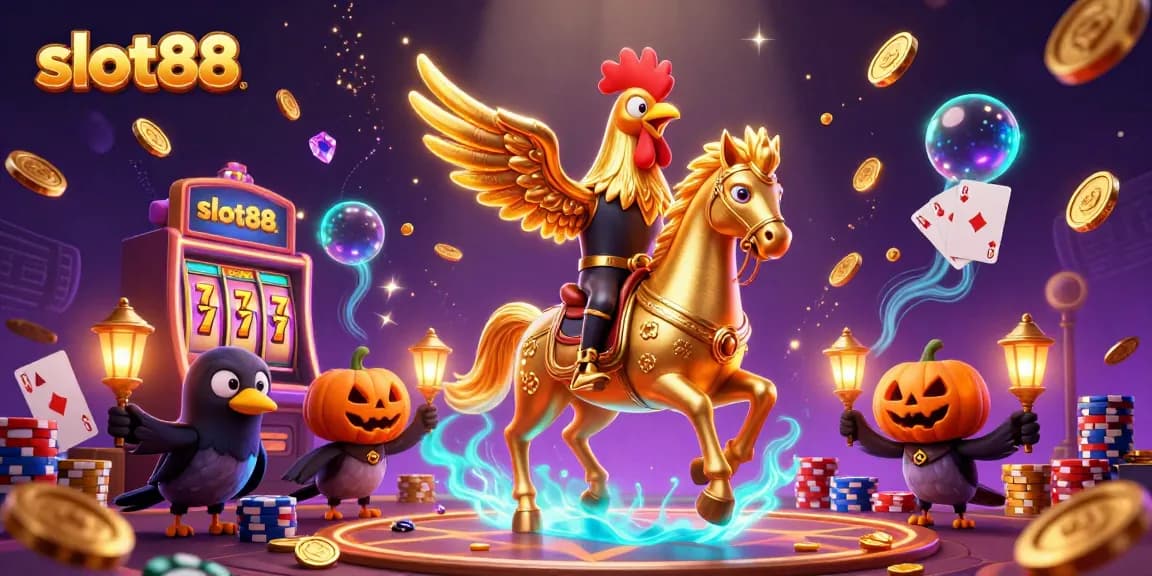 Slot88 golden rooster riding through an illuminated casino, surrounded by coins and cards.