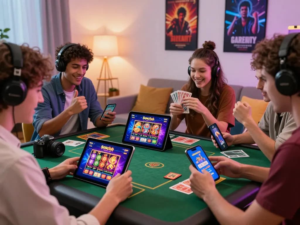 Excited friends enjoying online gaming on Sonclub app in a lively living room.