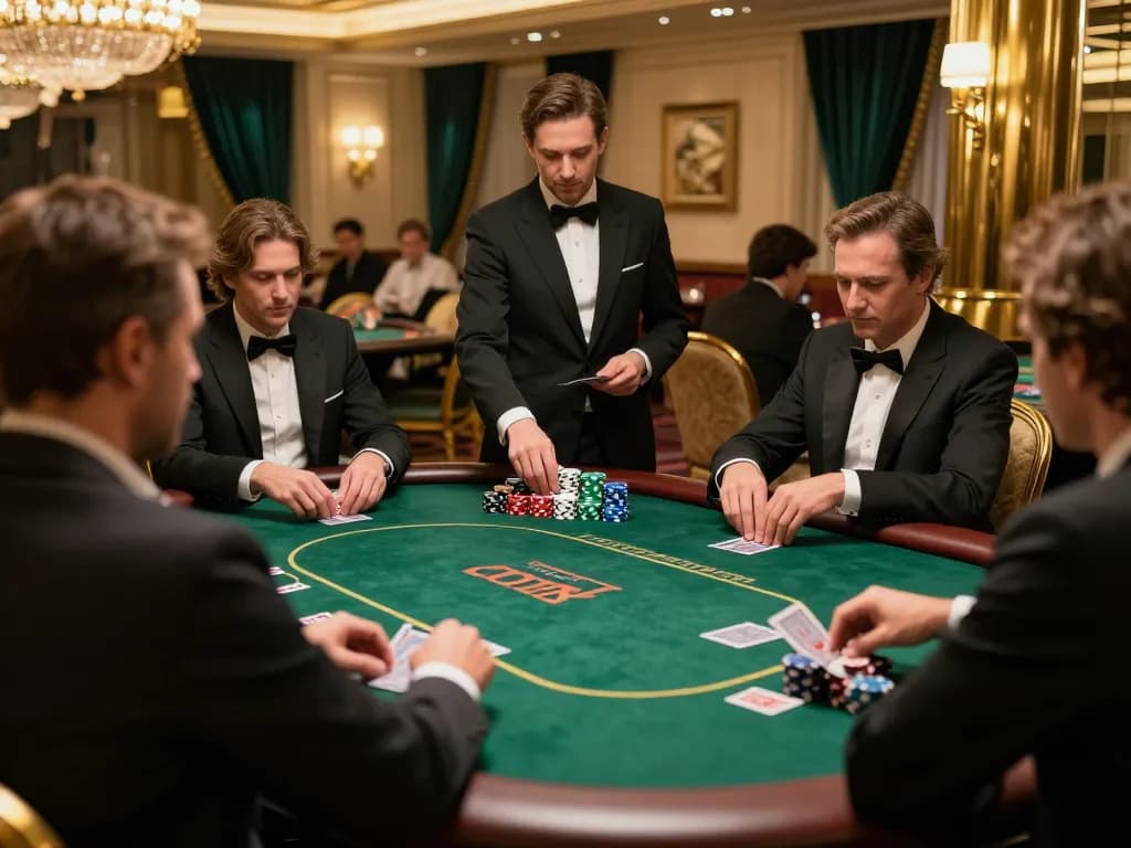 TX88 poker players strategizing over high-stakes table amidst luxurious casino ambiance