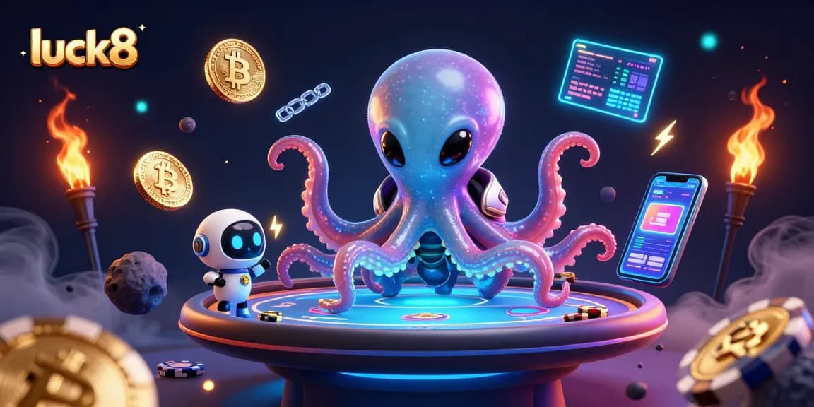Experience luck8 action in a vibrant casino scene featuring an alien octopus and crypto elements.