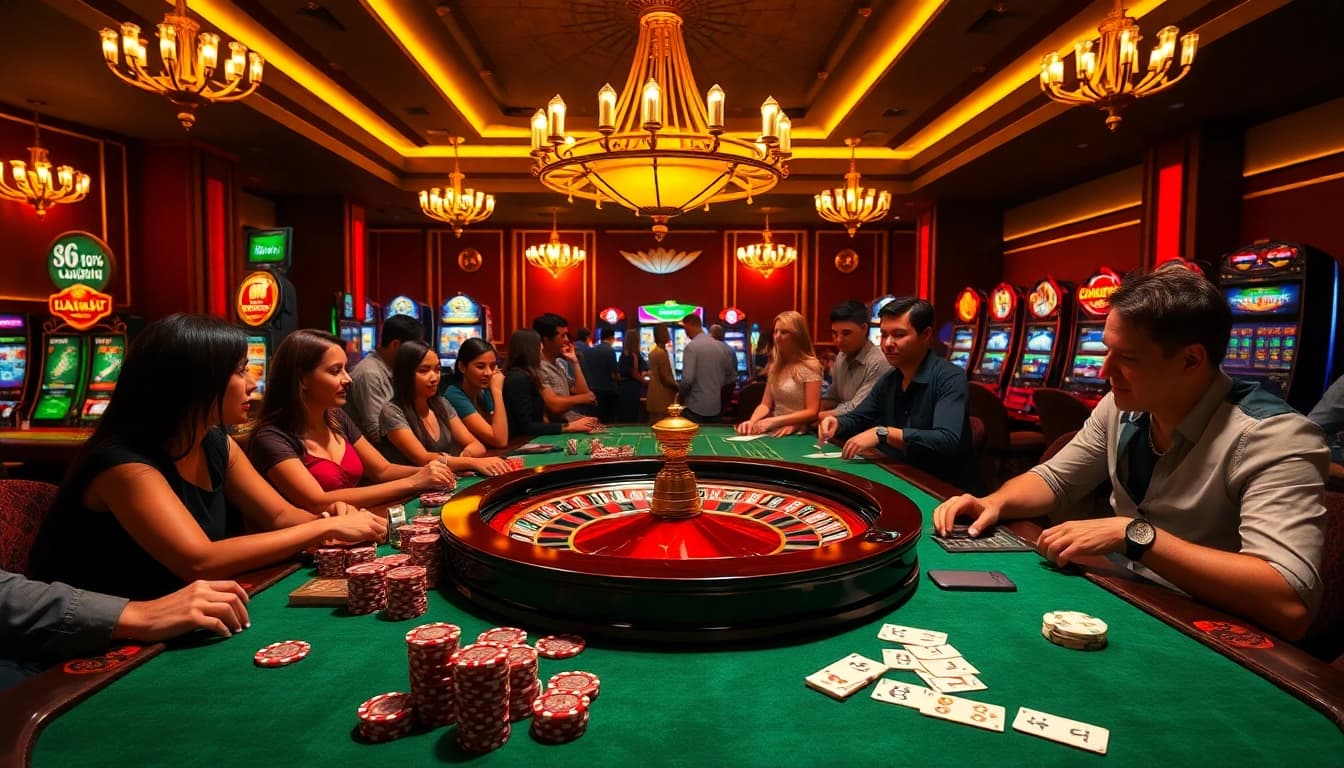 Engaged players enjoying casino games at open88.gg with vibrant slot machines and a roulette wheel.