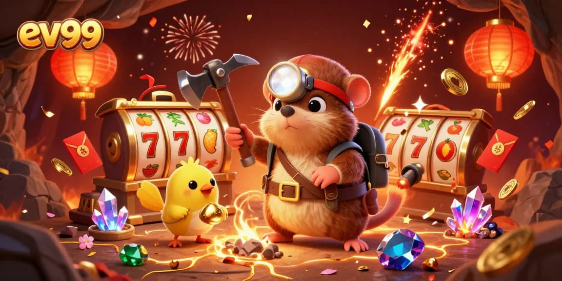 Experience exciting wins with ev99 as a mole and canary uncover treasures in a vibrant casino cave.