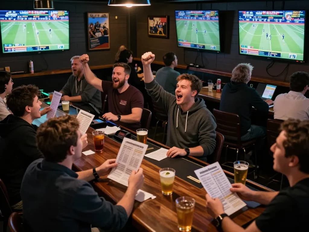 TIP88 patrons engaging in thrilling sports betting at a lively bar, showcasing excitement and teamwork.