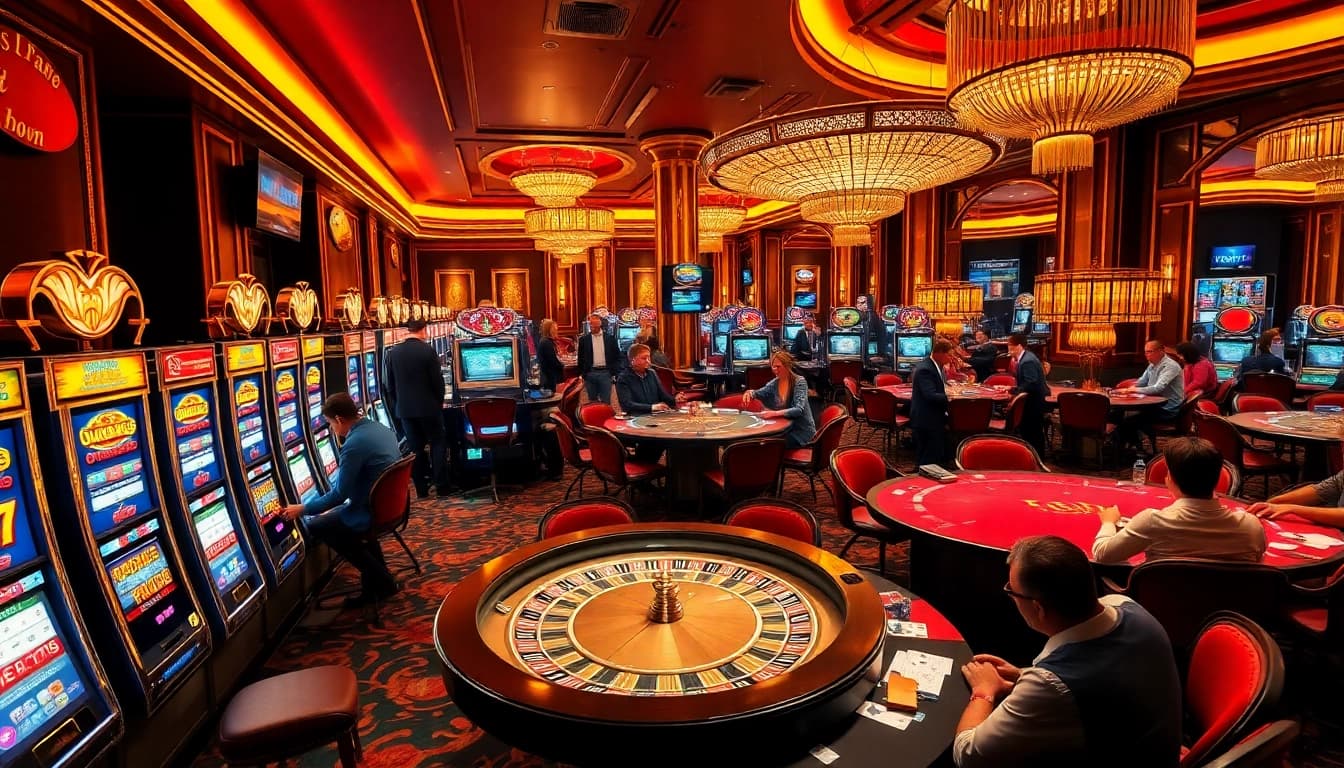 F168 casino scene showcasing active players celebrating wins at slot machines, roulette, and poker tables.