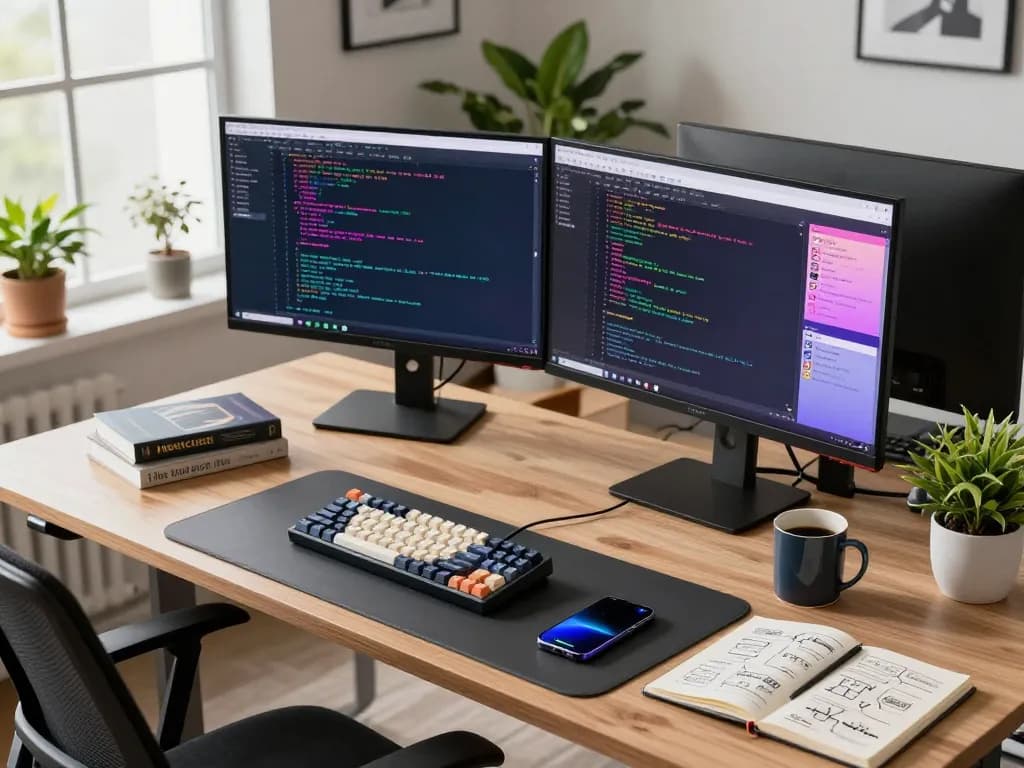Developer using MoltBot AI in a modern tech workspace, showcasing productivity tools and coding environment.
