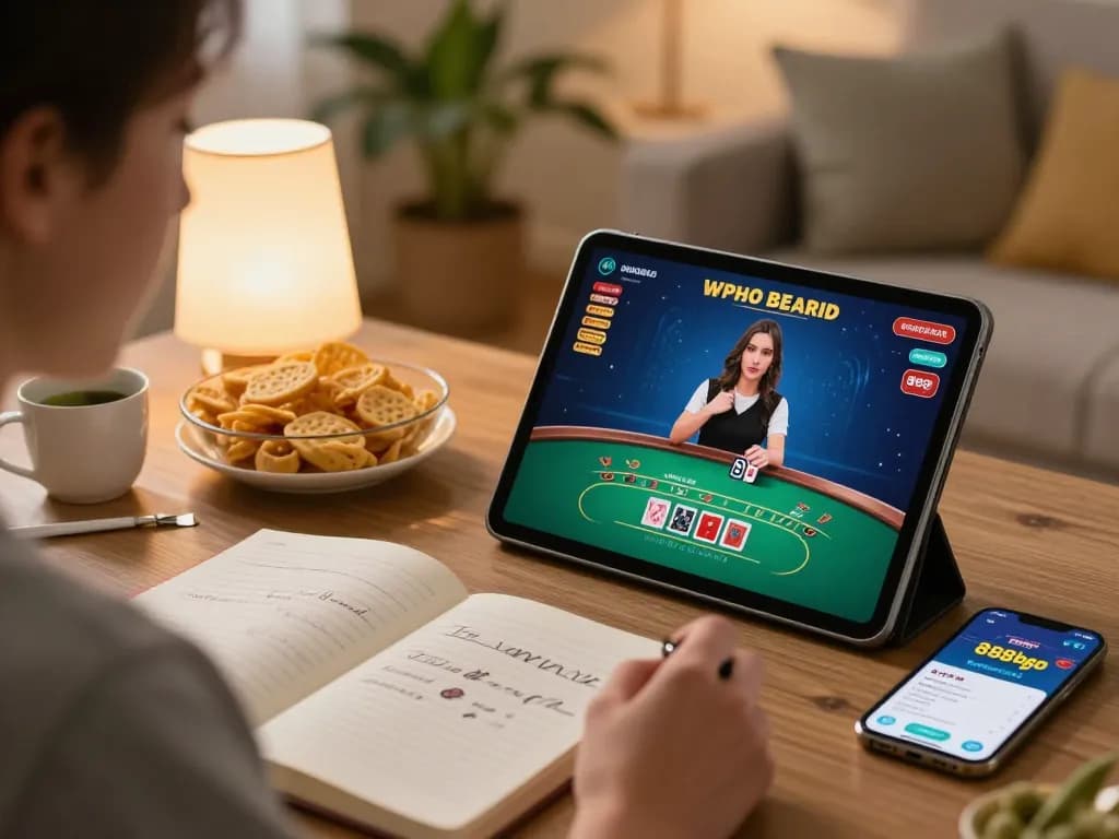 Engaging with 888bgo through live dealer gaming on a tablet at home, surrounded by strategy notes.