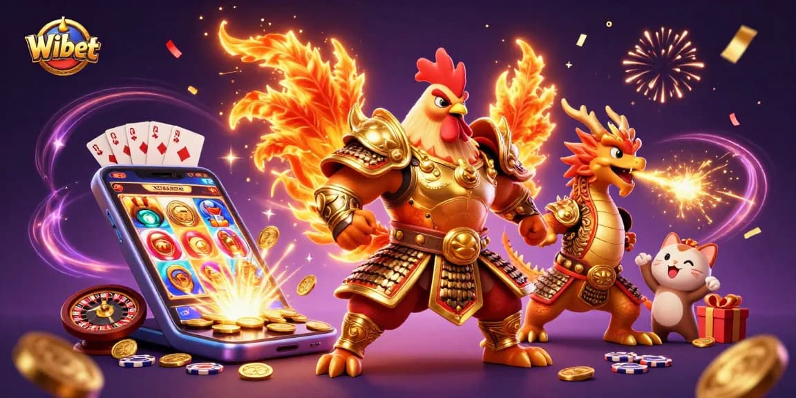 Win big with Wibet in an epic casino scene full of vibrant game elements and dynamic characters.