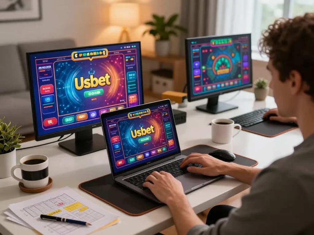 Engaging online gaming session on Usbet at home with vibrant graphics and modern setup