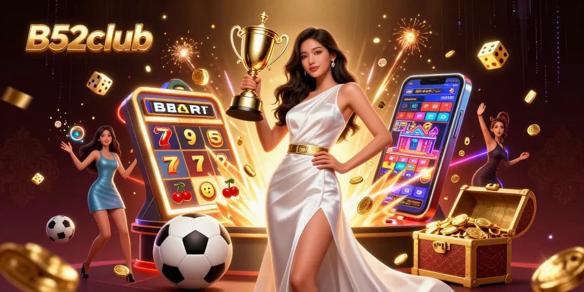 B52club entices players with a vibrant digital casino scene featuring a triumphant woman, slot machines, and winning elements.