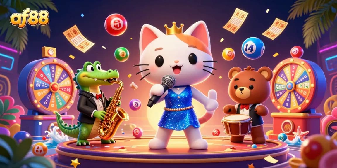 Experience vibrant gaming excitement with af88's lively cartoon characters and dynamic casino elements.