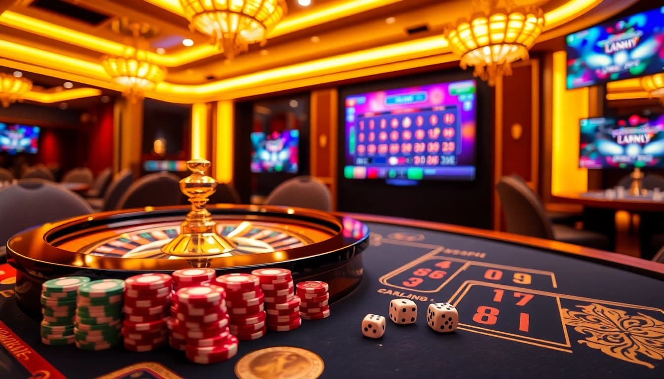 Experience the thrill of playing Luckywin tài xỉu in a luxurious casino environment filled with dice and betting chips.
