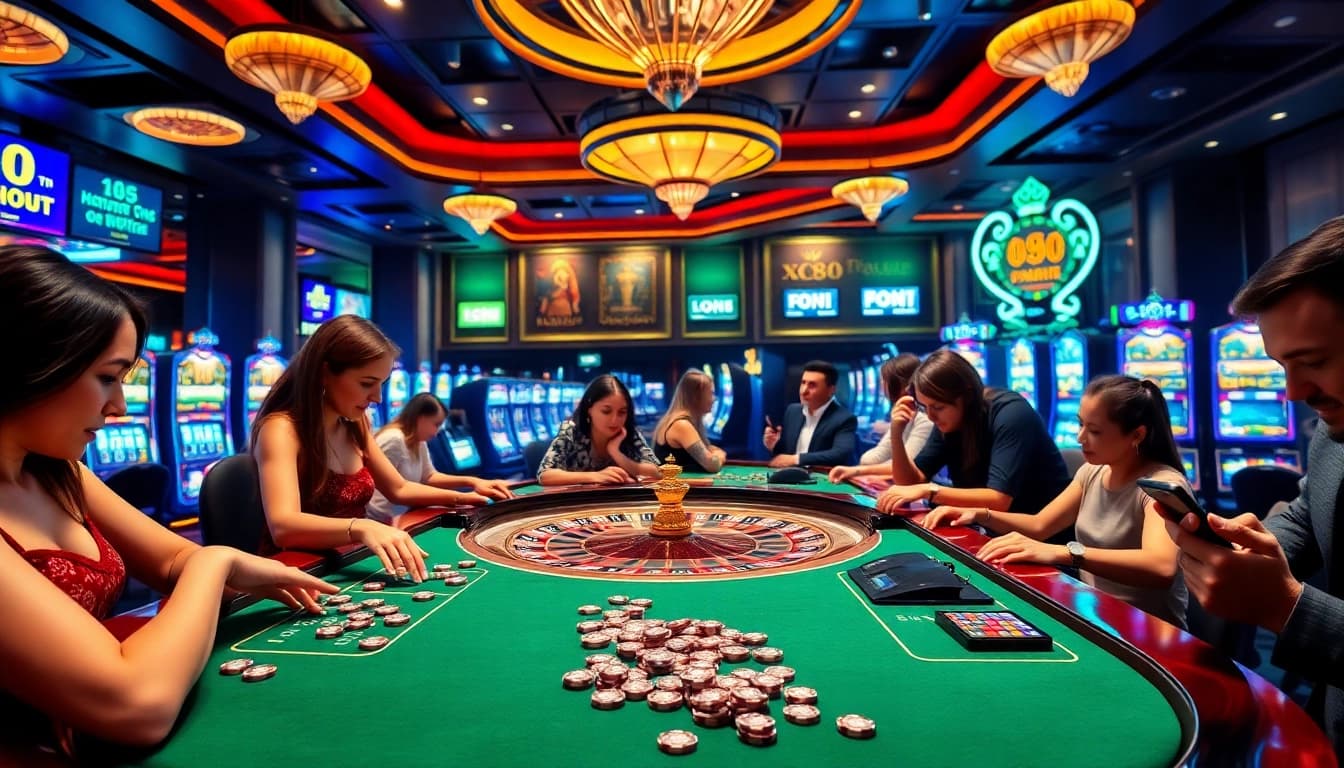 Players excitedly betting at a roulette table with a lively atmosphere, inspired by https://xx88.promo/ promotions.