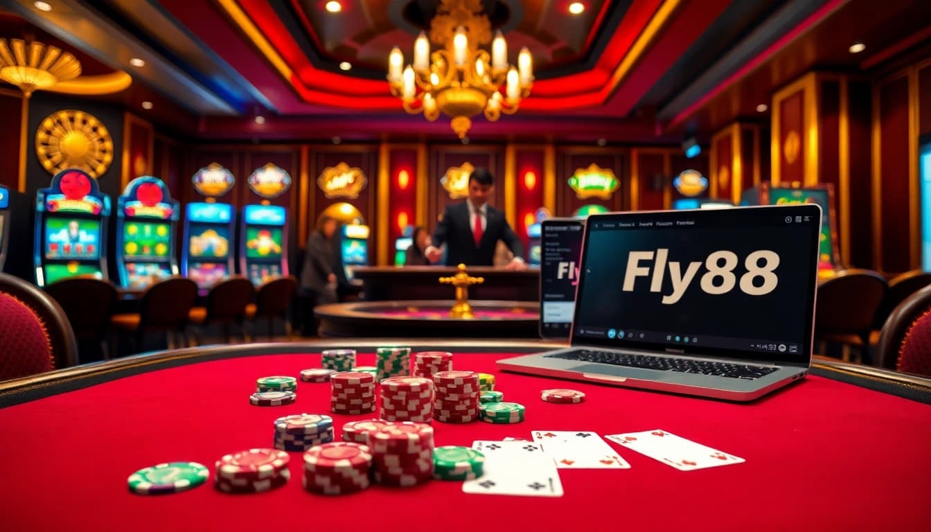 Experience thrilling gameplay at https://fly88.wtf/ with a vibrant casino scene featuring poker chips and roulette wheel.