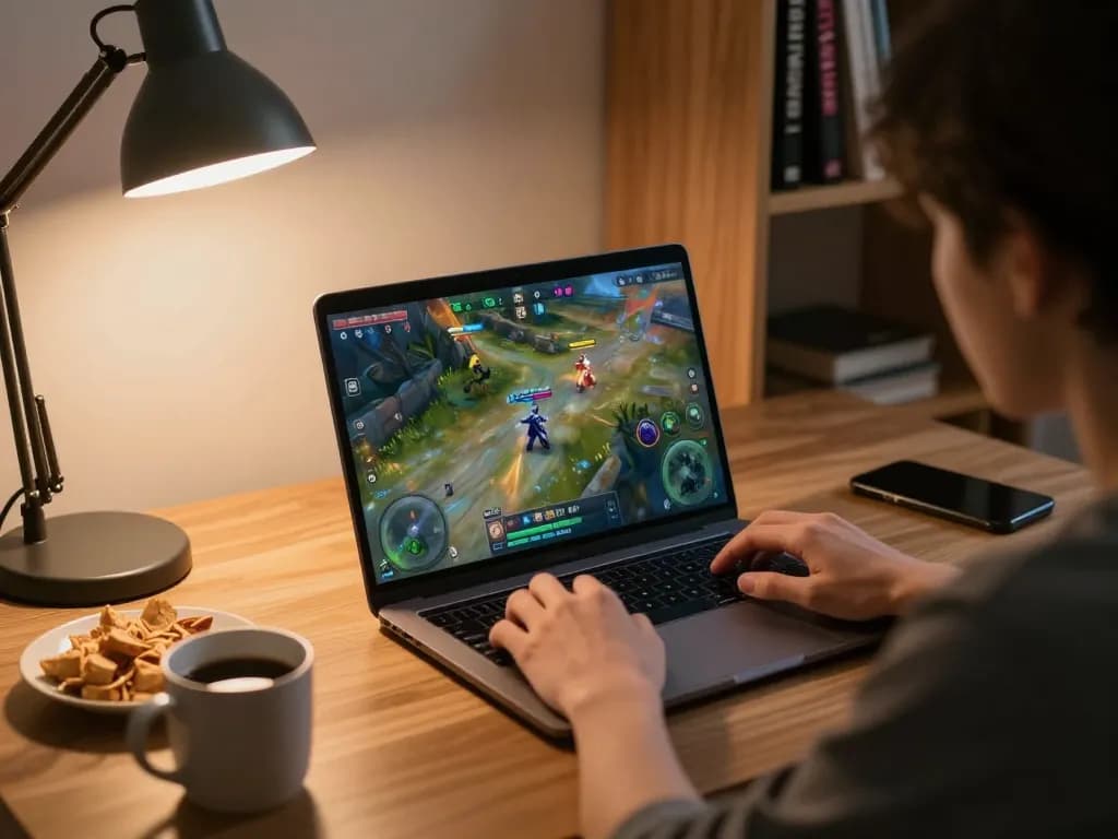 Engaging in strategic gameplay of DW8 on a laptop in a comfortable home gaming setup.
