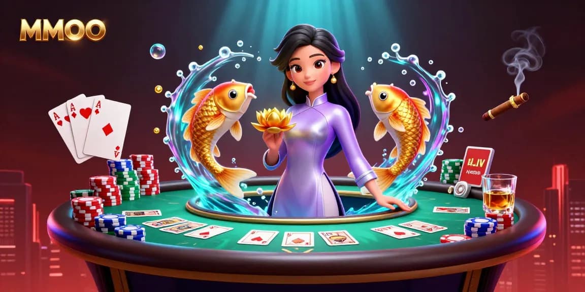 Experience excitement at MMOO with a vibrant 3D casino scene featuring poker and Asian elements.