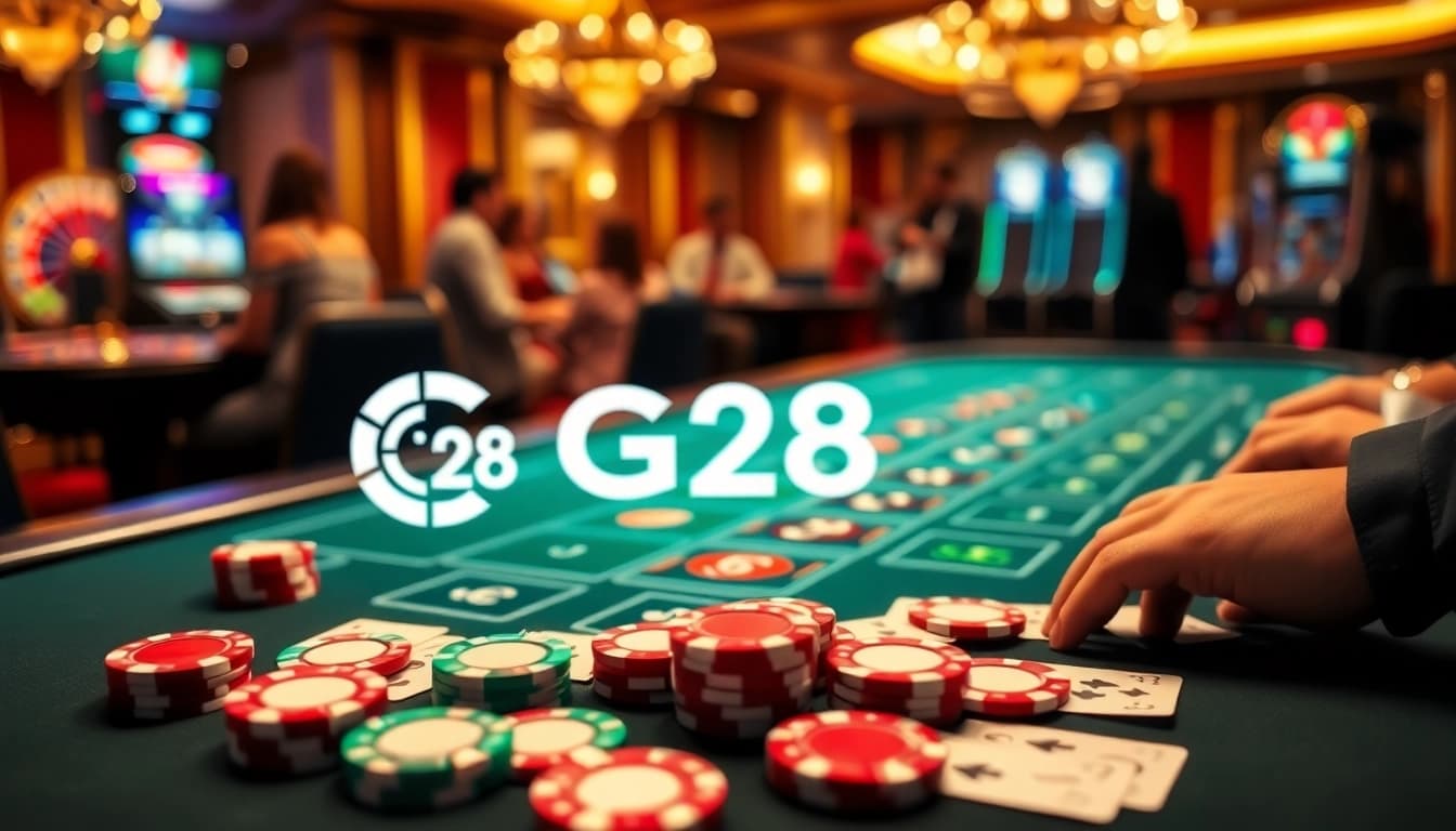G28 online casino gaming scene with poker chips, cards, and roulette wheel.