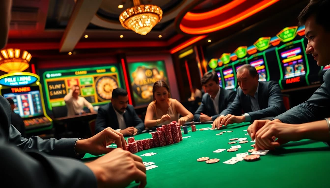 Engaged players strategizing at a typhu88 poker table, with vibrant casino elements in the background.