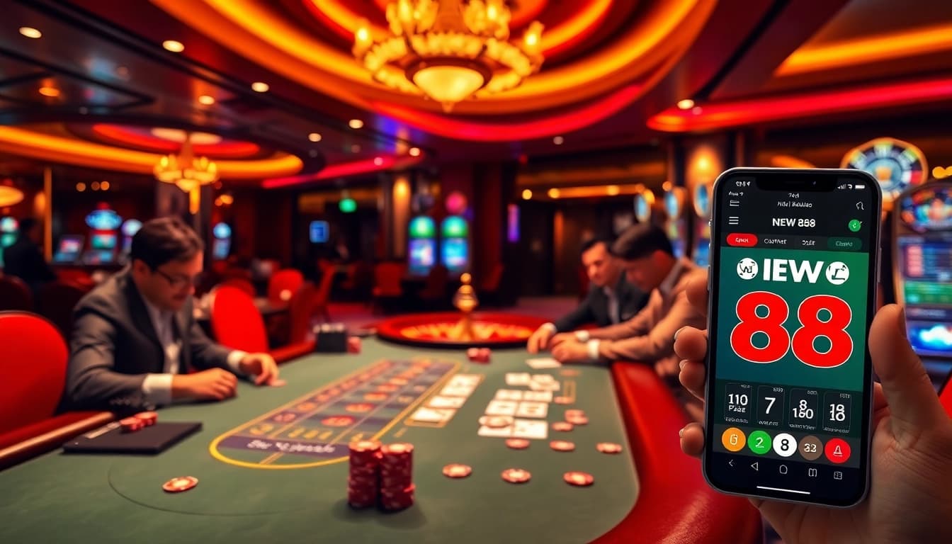 Exciting poker game action at NEW 88 casino with vibrant chips and stylish decor.