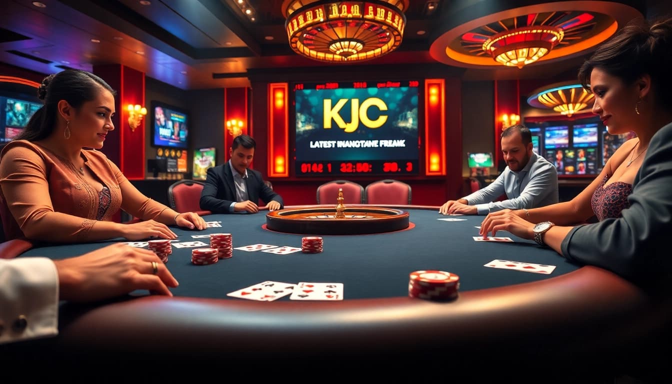 In action at a luxurious casino table, players engage in KJC game strategies surrounded by vibrant decor.