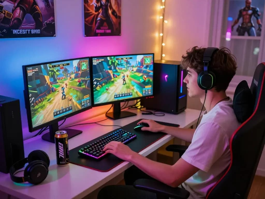 Engaging gaming setup showcasing 789 Win gaming excitement with dual monitors and vibrant RGB lighting.