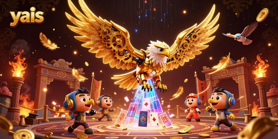 Engage with thrilling casino action at yais, as a dynamic golden eagle interacts with casino elements among playing cards.