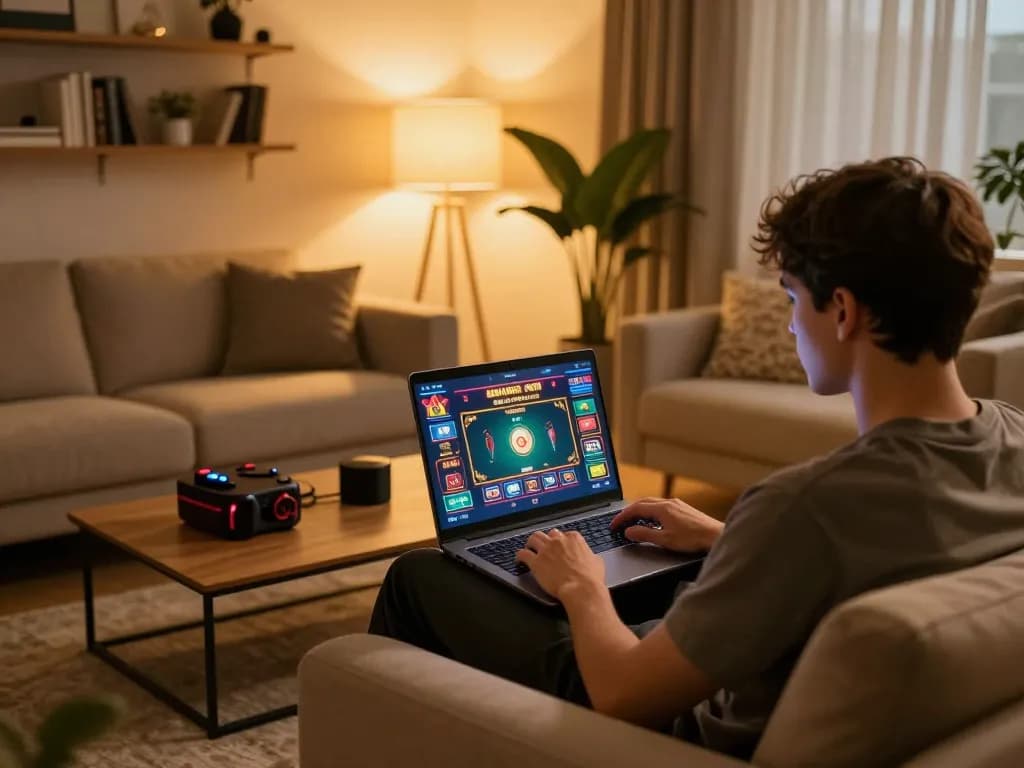 Engaging gameplay on xo88a with a player focused on laptop screen in a cozy setting.