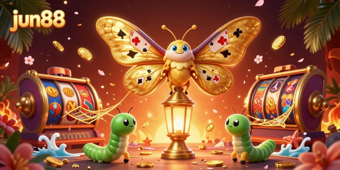Experience dynamic gaming adventures at jun88 with vibrant slot reels and golden coins cascading.
