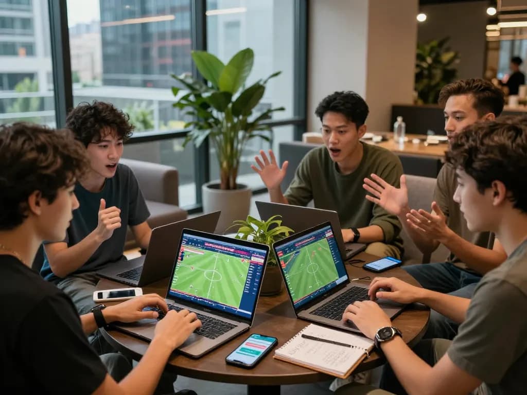 Engaged group analyzing tỷ lệ kèo bóng đá during a sports betting session.