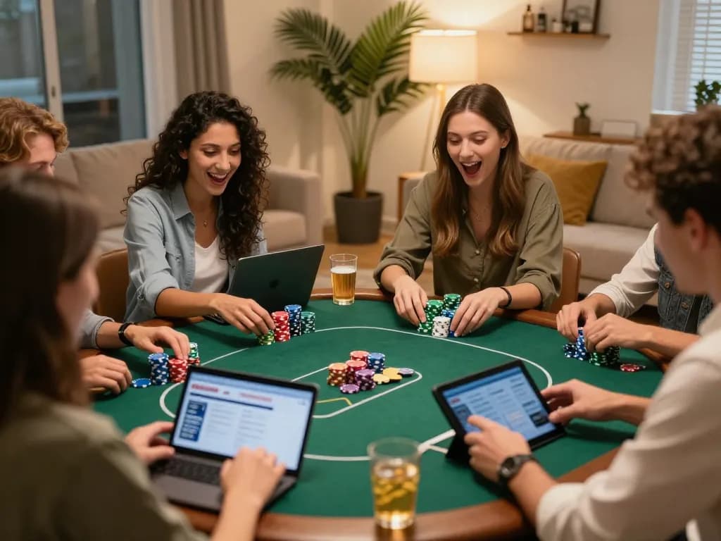 Twin68 players enjoying a lively online poker game at home, showcasing excitement and engagement in a cozy atmosphere.