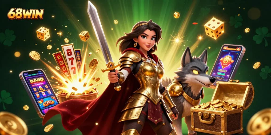 Experience the thrill of 68WIN with a vibrant casino scene featuring a fierce warrior and golden treasures.