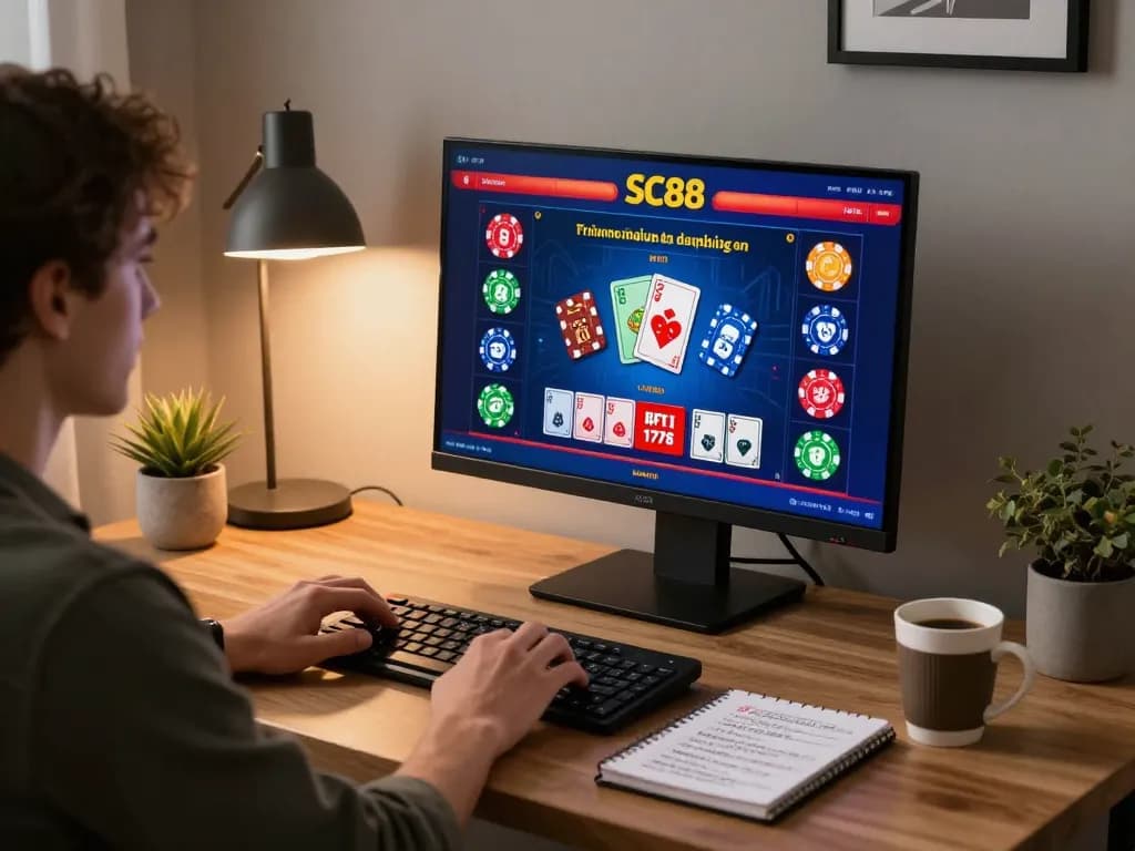 Player enjoying sc88 on desktop with vibrant interface and notebook notes in cozy home office.