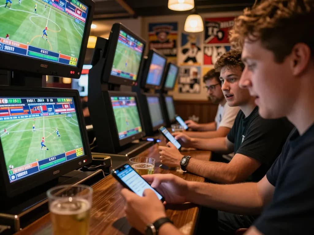 Engaging sports betting scene with F168 app on smartphone and live games displayed on screens