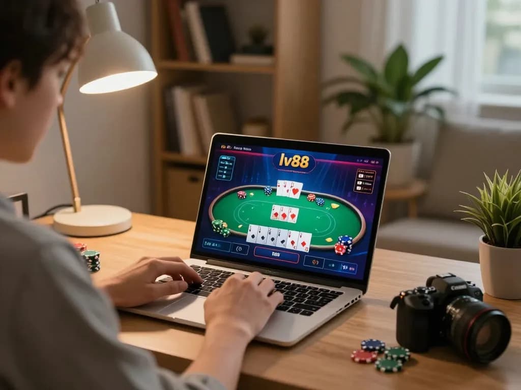 Playing poker online at trang chủ lv88 with laptop and warm lighting