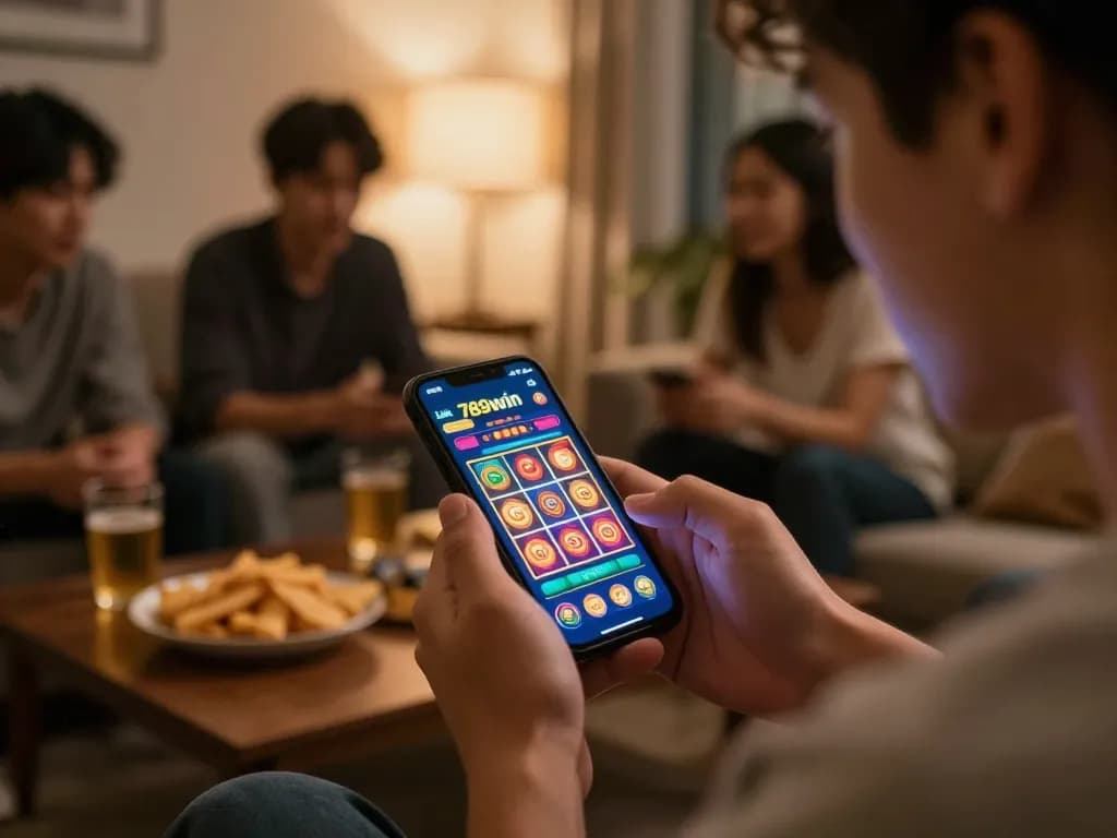 Player immersed in Link 789win mobile app gameplay at home during a casual game night.