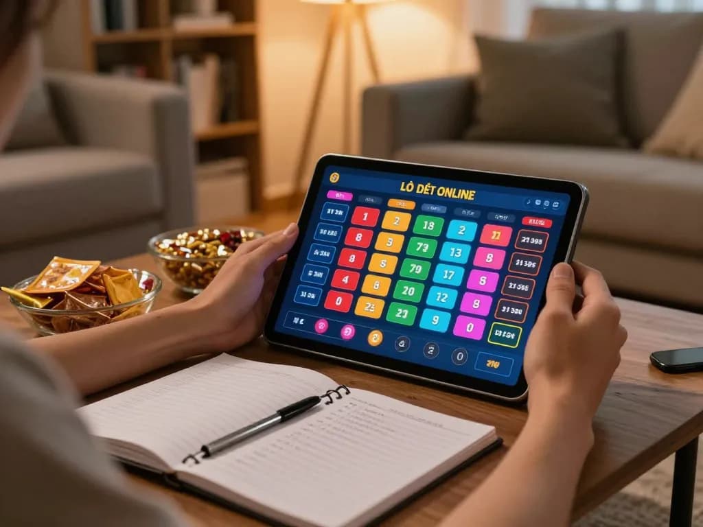 Lô Đề Online gaming session with a player analyzing betting options on a tablet in a cozy setting.