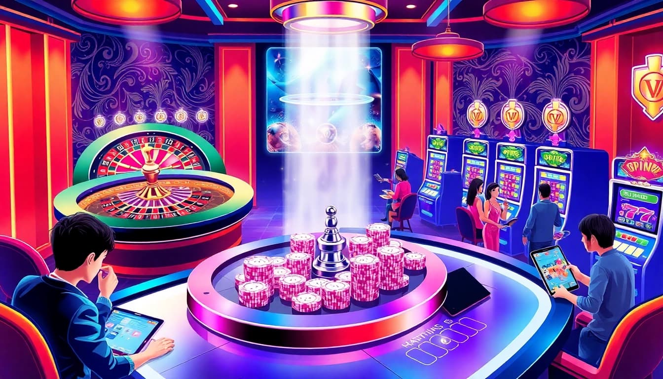 Experience an exciting online gaming scene at https://ax88.bid/ with vibrant casino visuals featuring roulette wheels, poker chips, and slot machines.