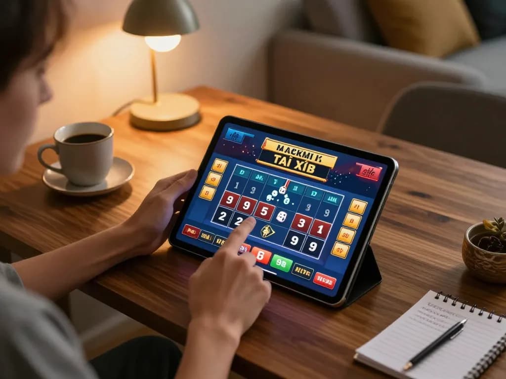 Tài Xỉu online gaming session on tablet with players engaged in strategic betting and excitement