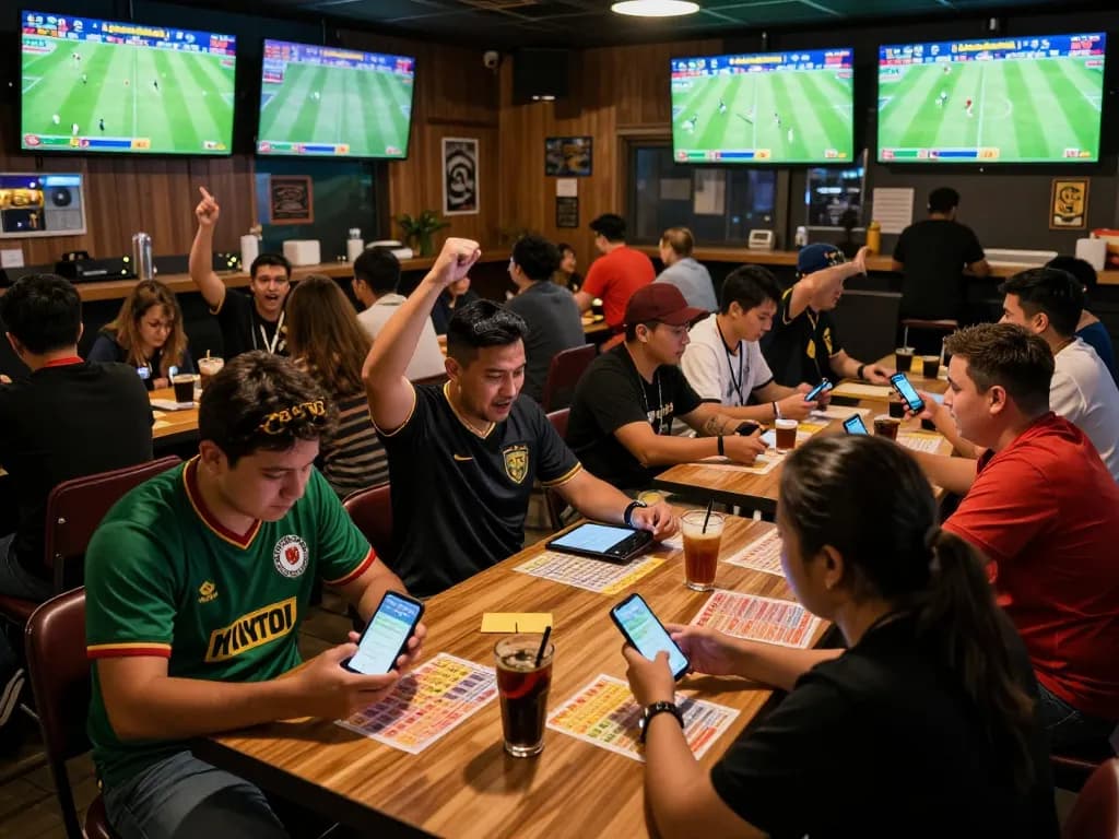 Cá Độ Bóng Đá betting scene with fans placing wagers at a lively sports bar surrounded by screens showing live games